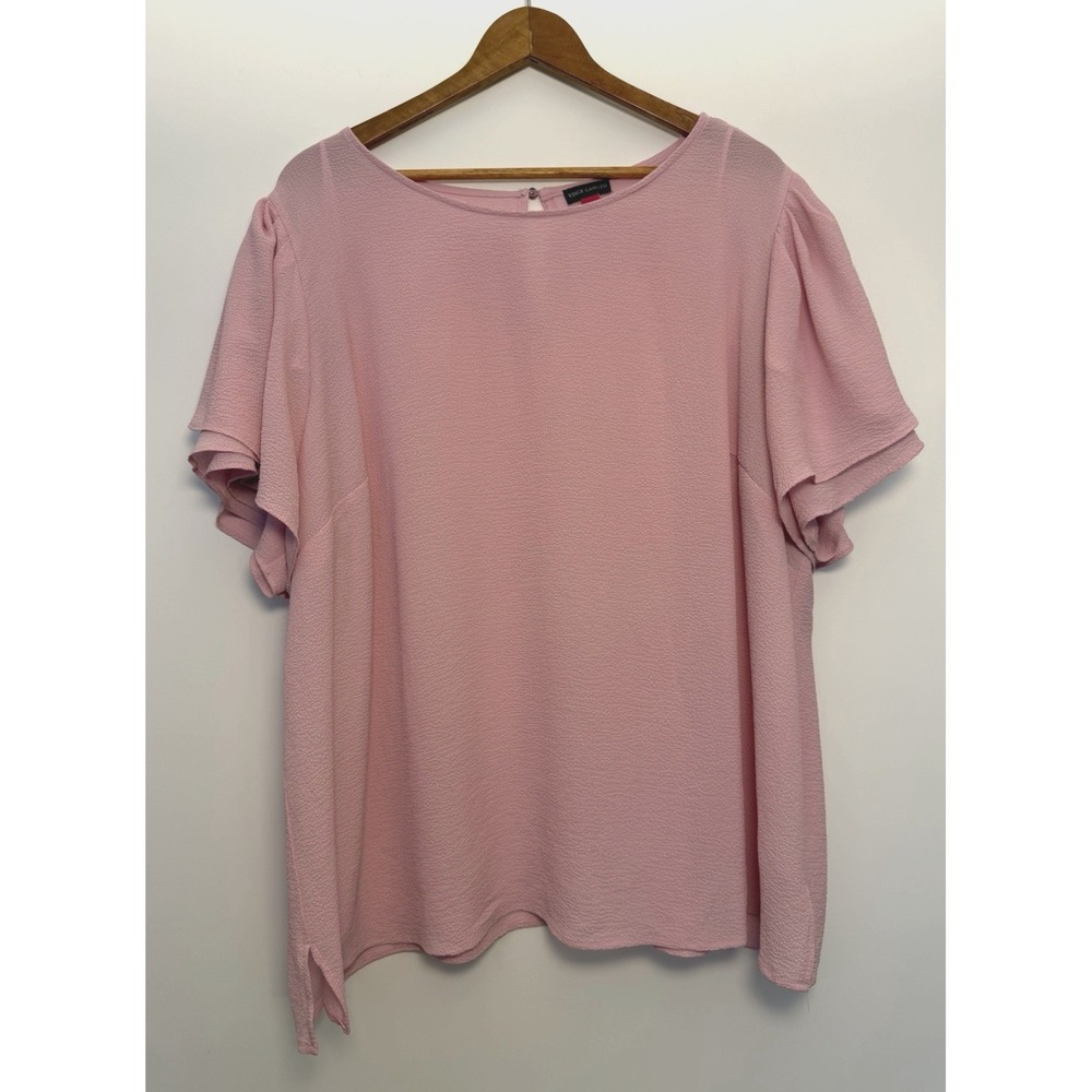 Vince Camuto Tulip Sleeve Crepe Pink Button Keyhole Blouse Size 3X Stretch Flowy